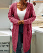 Women's long textured cable knit cardigan with open front and patch pockets