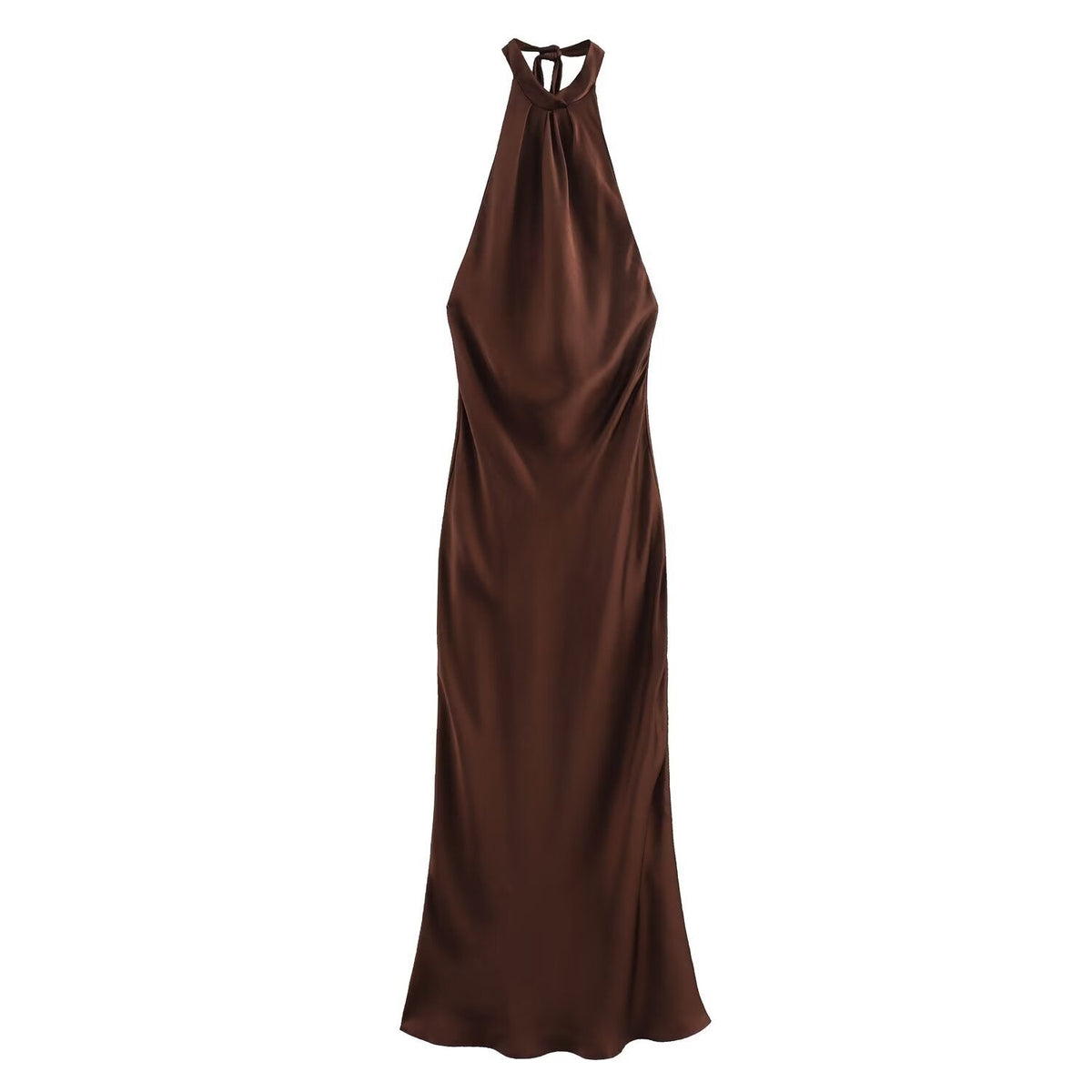 Women's brown sleeveless halter maxi dress with a floor-length skirt