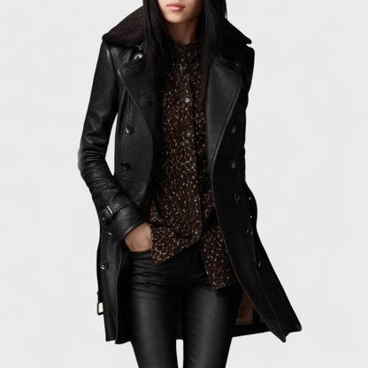Women's black double-breasted long coat with wide lapels and cuff straps