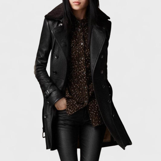 Women's black double-breasted long coat with wide lapels and cuff straps