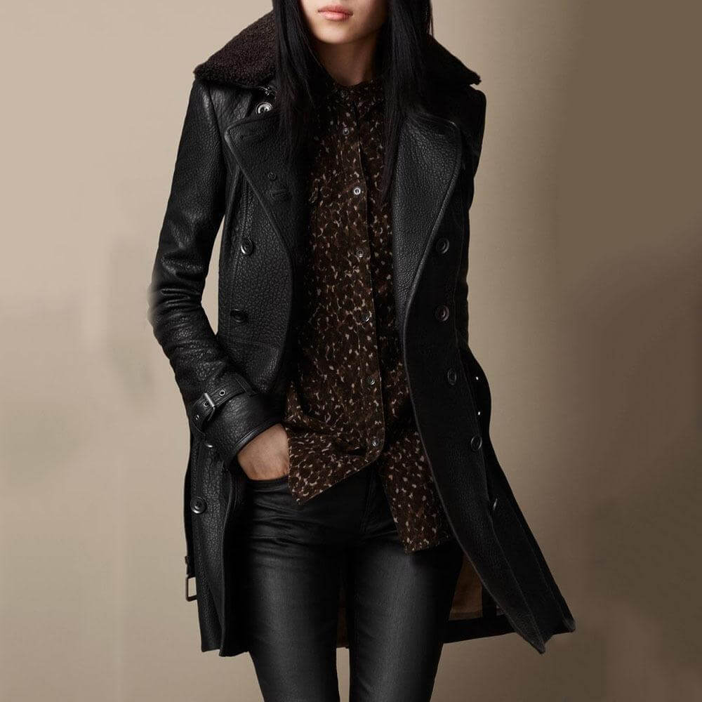 Women's black longline leather coat with wide lapels