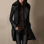 Women's black longline leather coat with wide lapels