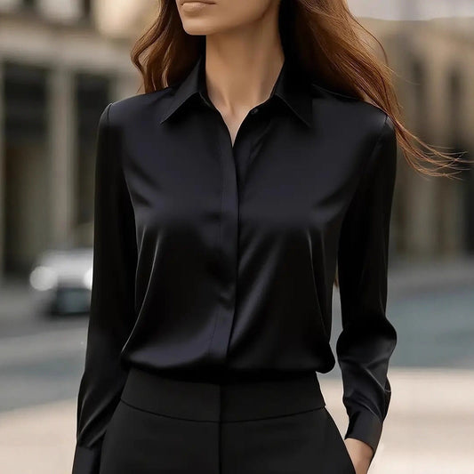 Women's Silk Blouse — Classic Collar Button-Front Office Top