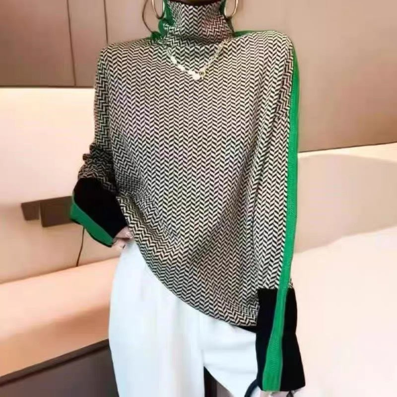 Women's striped high neck pullover sweater with long sleeves and contrast trim