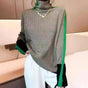 Women's striped high neck pullover sweater with long sleeves and contrast trim