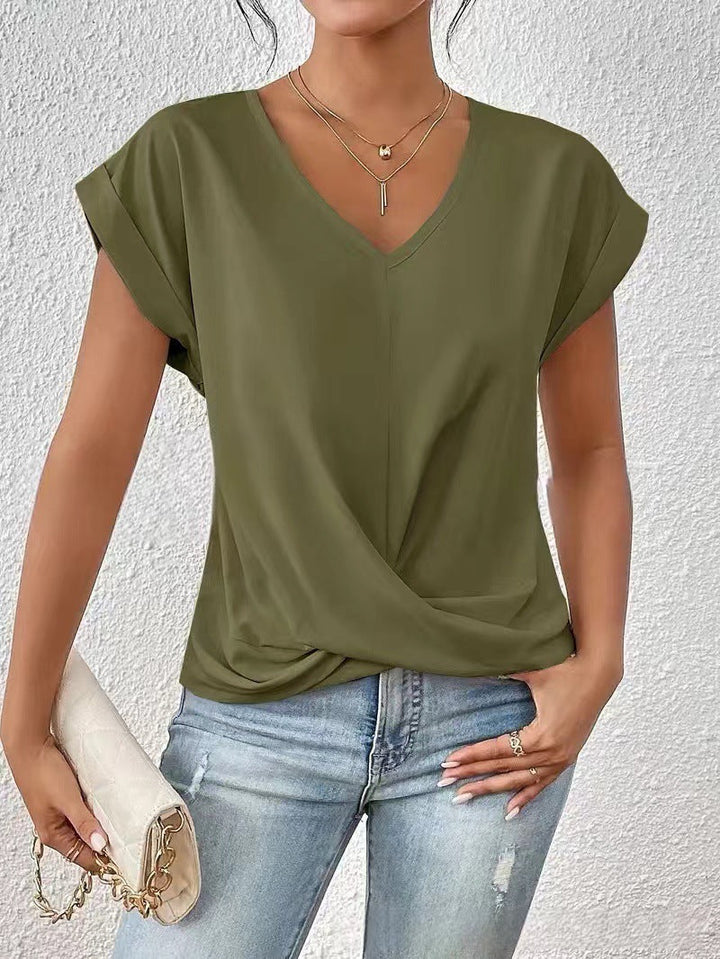 Women's V-neck short-sleeve T-shirt with twisted front gather detail