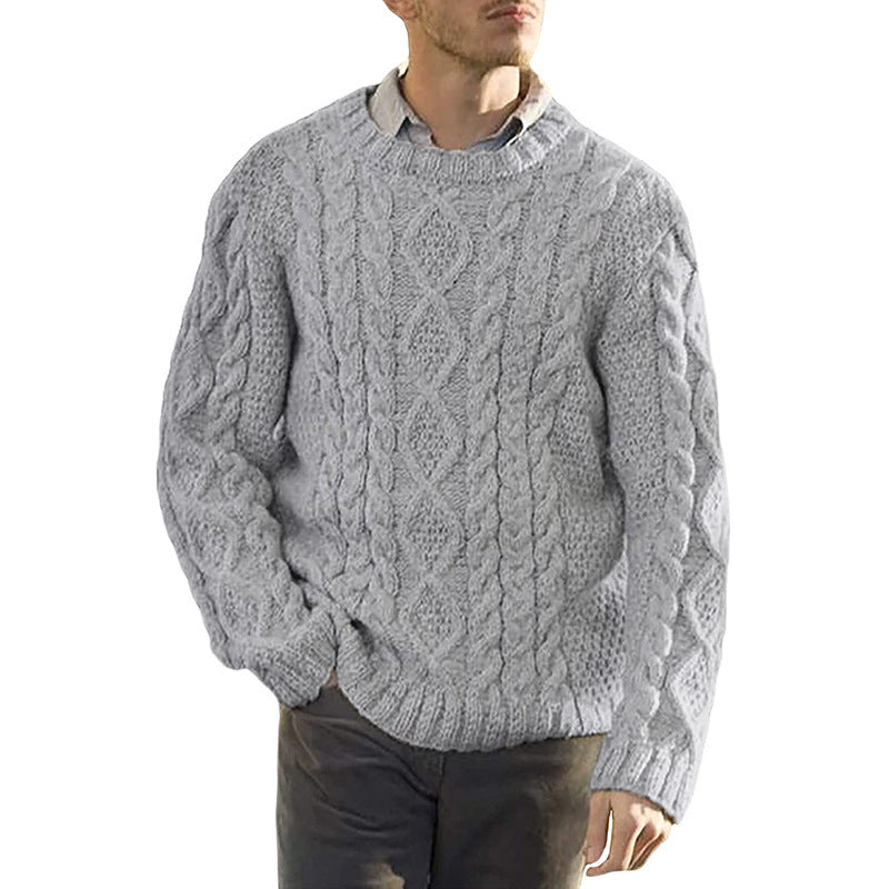 Men's cable knit crew neck sweater with long sleeves and ribbed trims