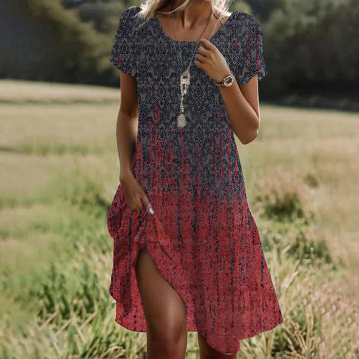 Women's summer midi dress with small white dot print and short sleeves