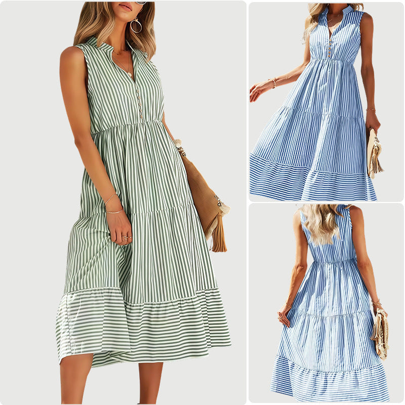 Women's Long-Sleeve Striped Dress — Button-Front Elastic-Waist Ruffle Swing Summer Dress