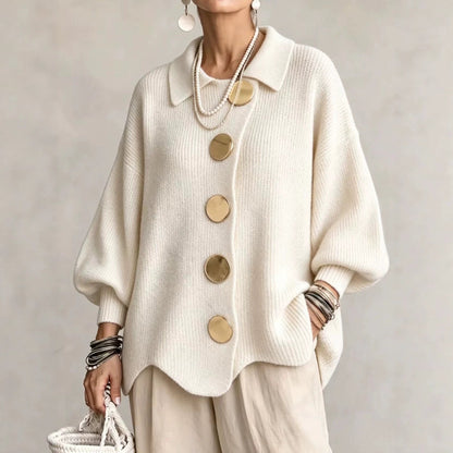 Women's oversized ribbed button-front cardigan with collared neckline and long sleeves