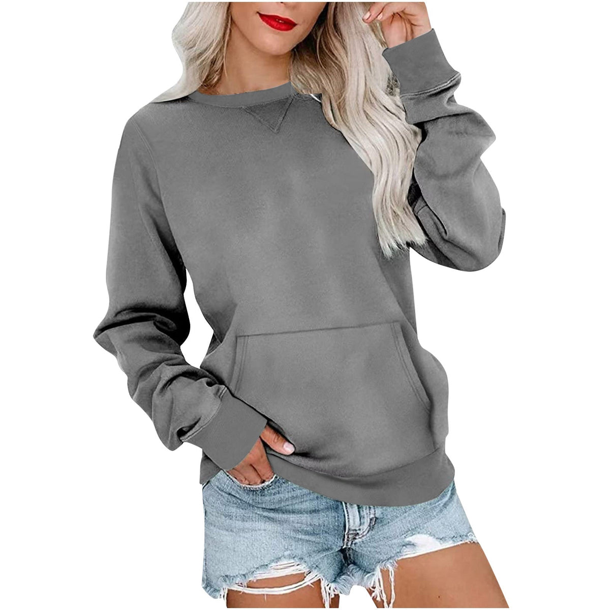 Women's long-sleeve crewneck sweatshirt with front pouch pocket