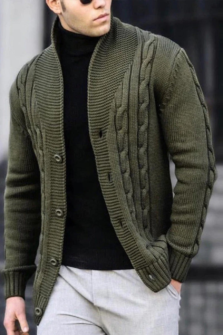 Men's ribbed knit cardigan with wide collar, long sleeves and button front
