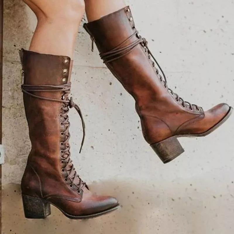 Women's knee-high lace-up boots with block heels and side zips