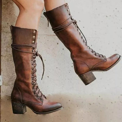 Women's knee-high lace-up boots with block heels and side zips