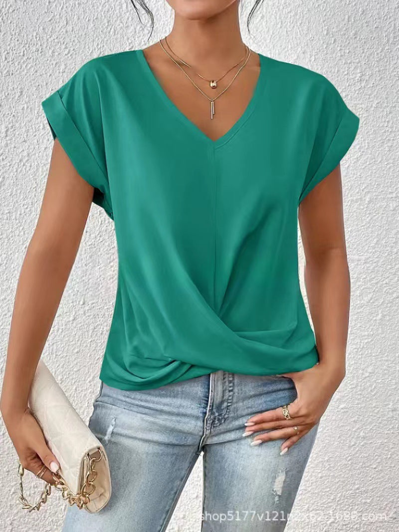 Women's V-neck short-sleeve T-shirt with twisted front gather detail