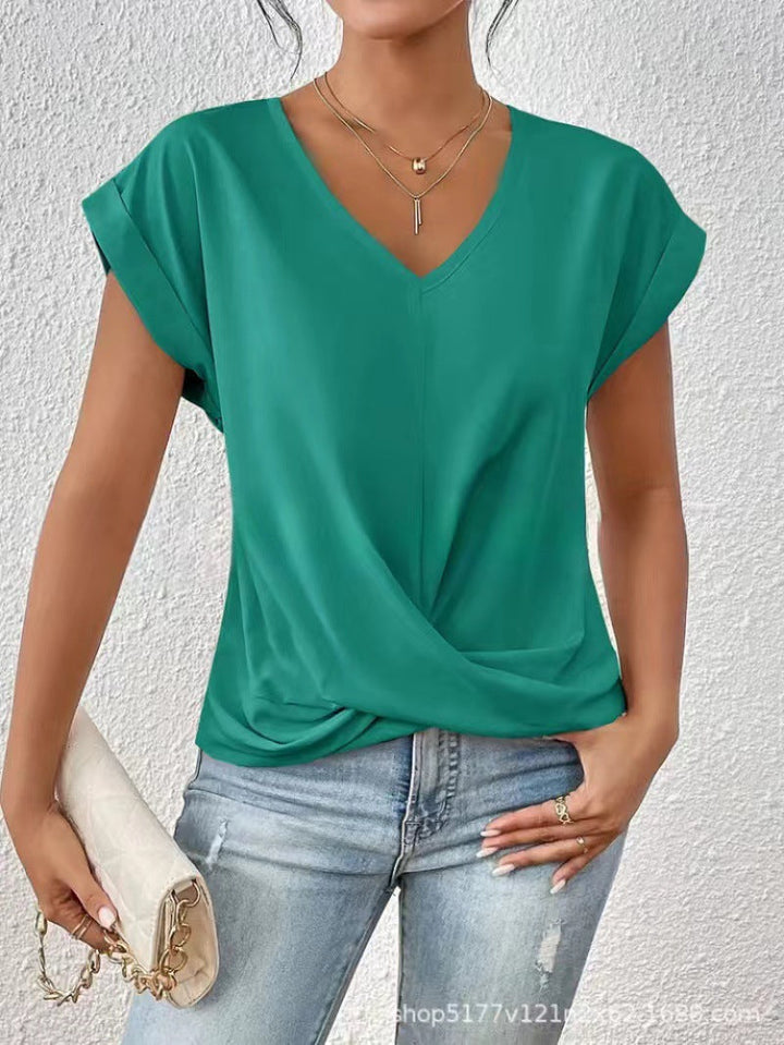 Women's V-neck short-sleeve T-shirt with twisted front gather detail