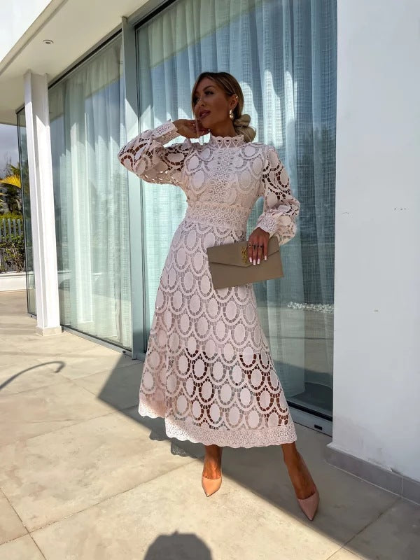 Women's lace puff sleeve midi dress with high neckline
