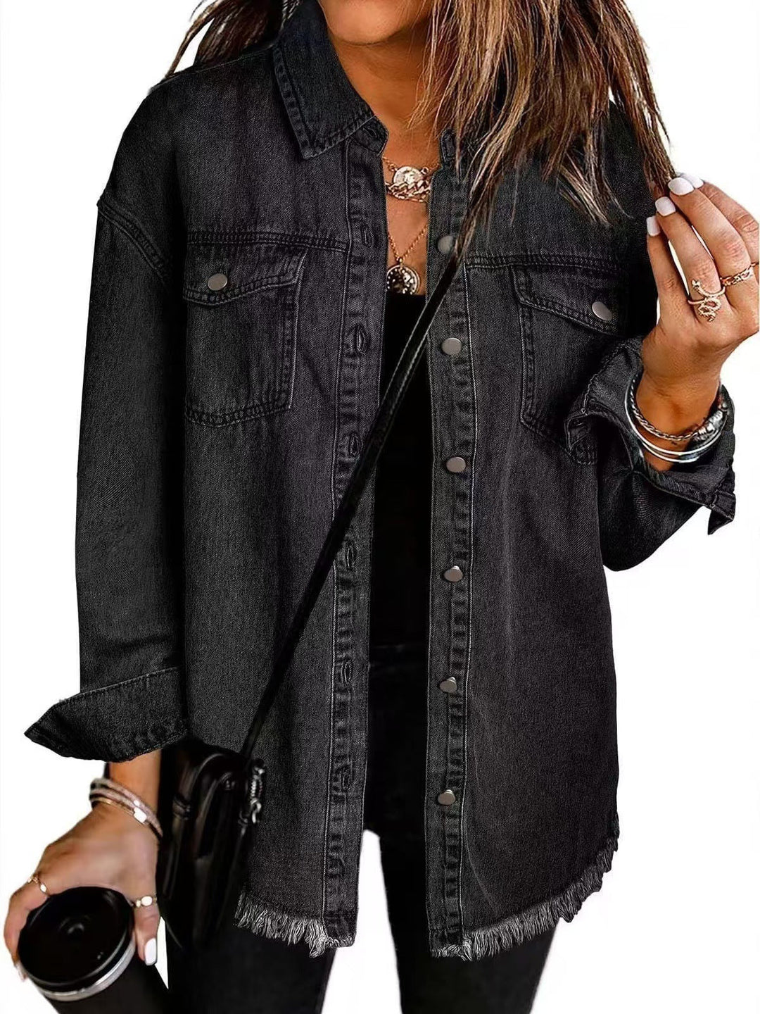 Women's longline denim jacket with collar chest pockets and frayed hem