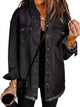 Women's longline denim jacket with collar chest pockets and frayed hem