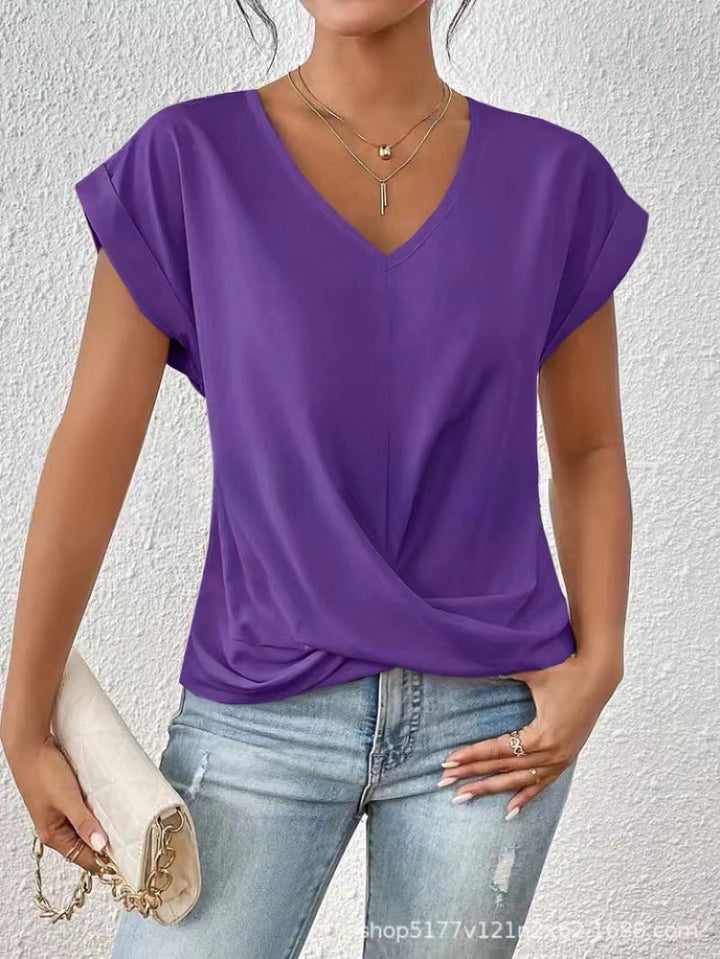 Women's V-neck short-sleeve T-shirt with twisted front gather detail