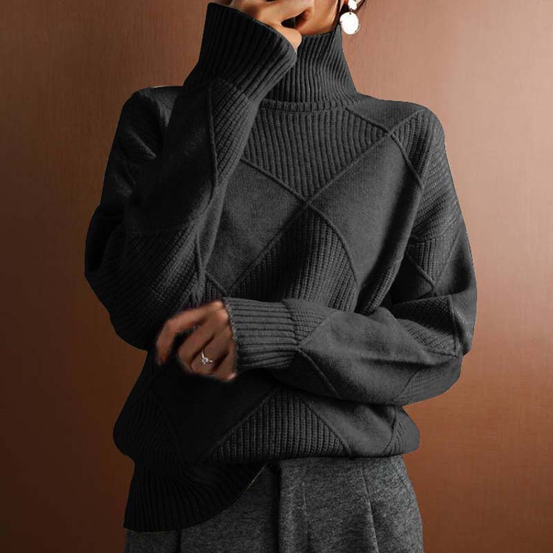 Women's geometric turtleneck sweater with long sleeves and ribbed trims