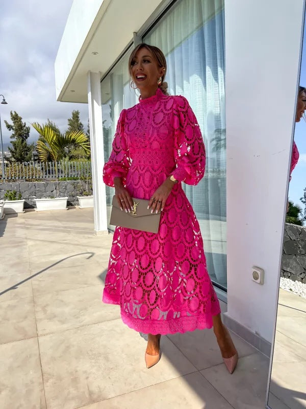 Women's lace puff sleeve midi dress with high neckline