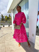 Women's lace puff sleeve midi dress with high neckline