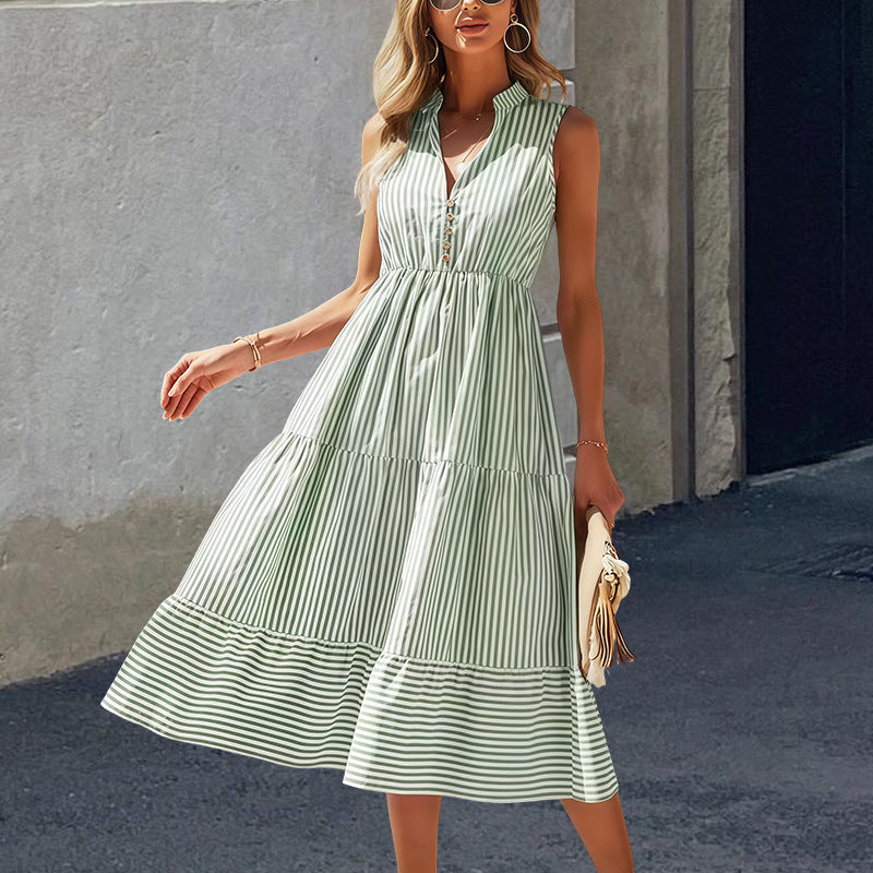 Women's Long-Sleeve Striped Dress — Button-Front Elastic-Waist Ruffle Swing Summer Dress