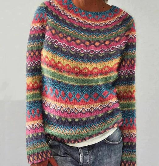 Women's multicolour striped long sleeve sweater with round neckline