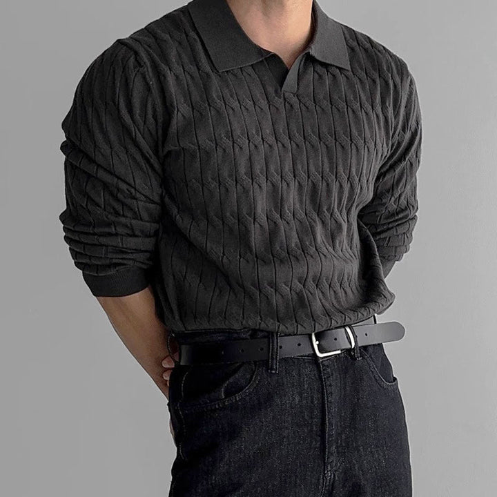 Men's textured polo sweater with long sleeves and ribbed trims