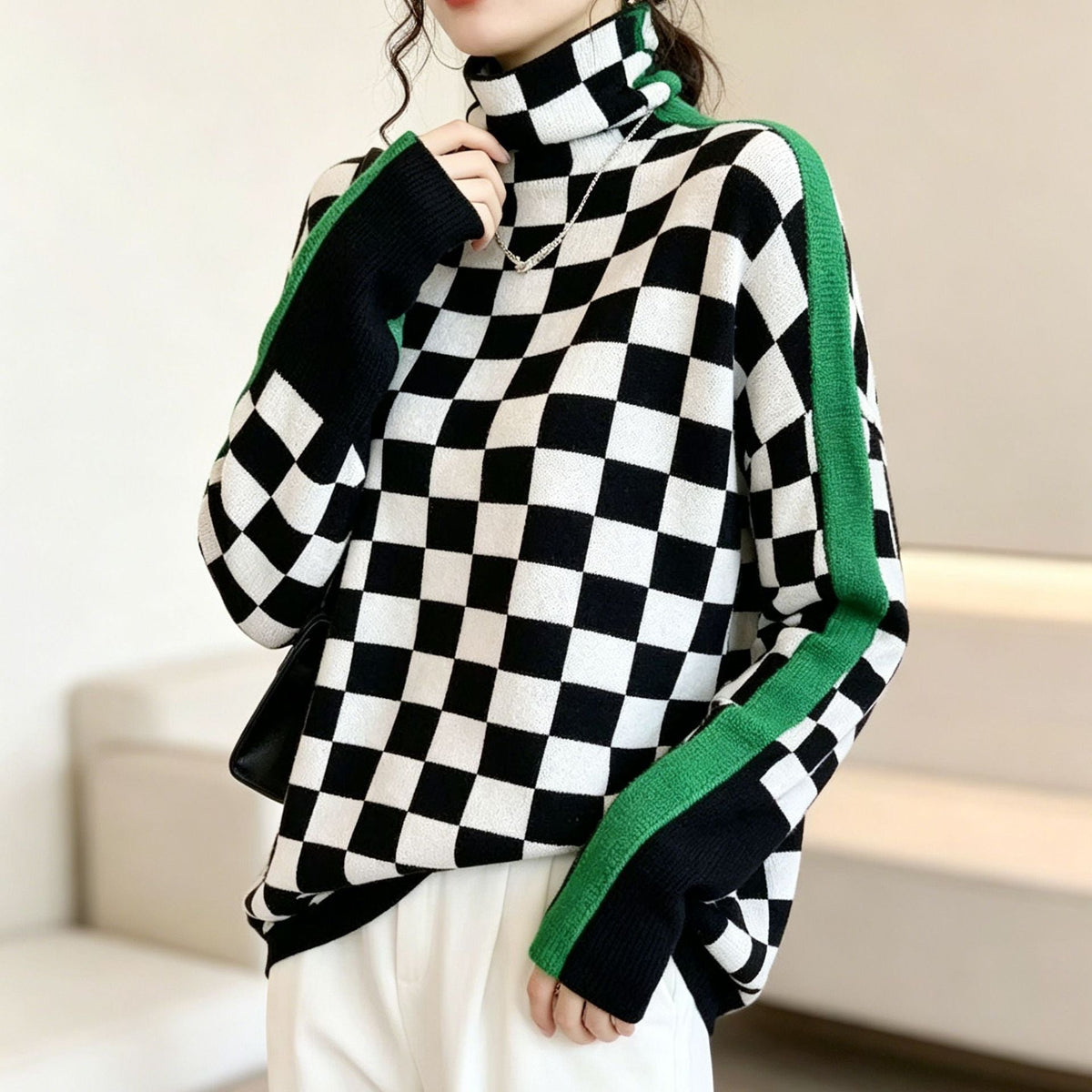 Women's striped high neck pullover sweater with long sleeves and contrast trim