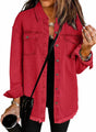 Women's longline denim jacket with collar chest pockets and frayed hem