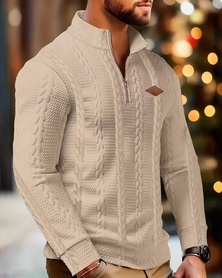 Men's textured cable knit quarter-zip sweater with stand collar