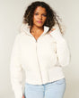 Women's quilted hooded puffer jacket with zip front and ribbed trims