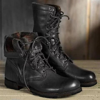 Women's lace-up combat boots with round toes and low heels