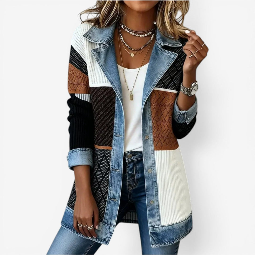 Women's knit jacket with denim trim and button front
