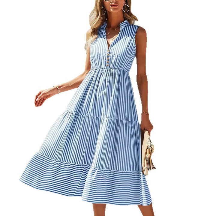Women's Long-Sleeve Striped Dress — Button-Front Elastic-Waist Ruffle Swing Summer Dress