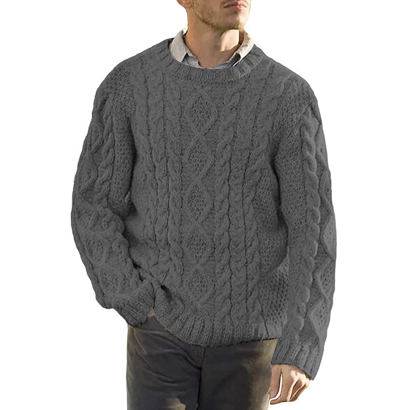 Men's cable knit crew neck sweater with long sleeves and ribbed trims