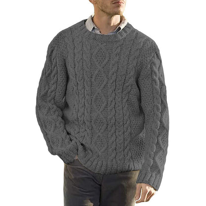 Men's cable knit crew neck sweater with long sleeves and ribbed trims
