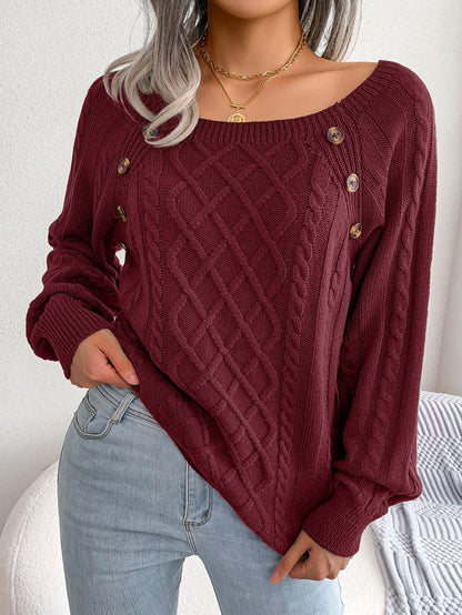 Women's textured knit sweater with diamond pattern, long sleeves and shoulder buttons