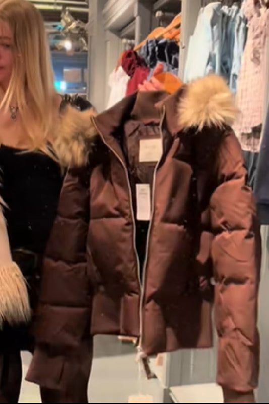 Women's quilted hooded puffer jacket with zip front and ribbed trims