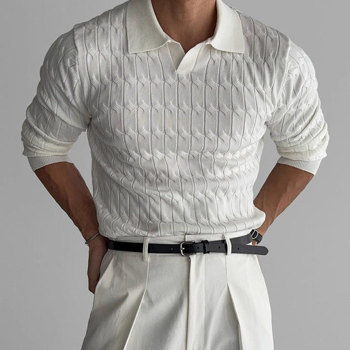 Men's textured polo sweater with long sleeves and ribbed trims