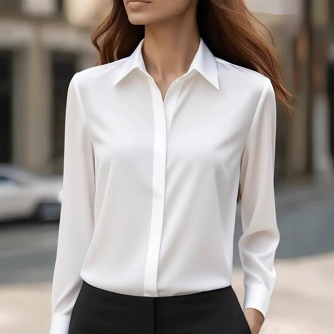 Women's Silk Blouse — Classic Collar Button-Front Office Top