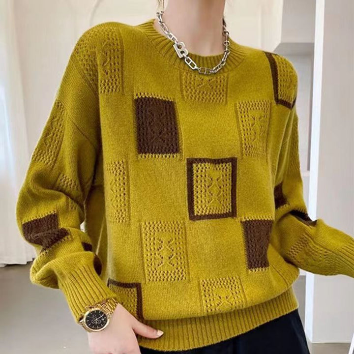 Women's geometric patchwork sweater with long sleeves