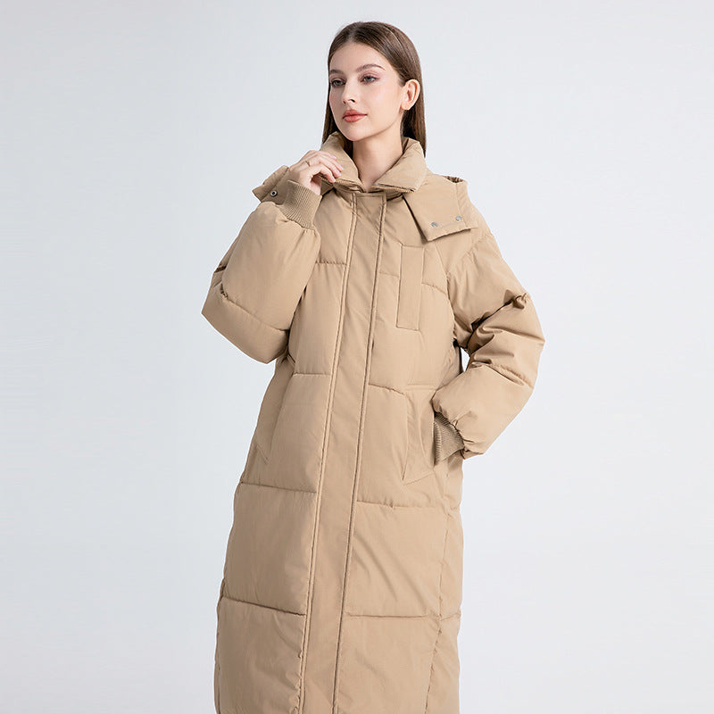 Women's long hooded puffer coat with quilted panels