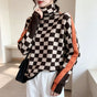 Women's striped high neck pullover sweater with long sleeves and contrast trim