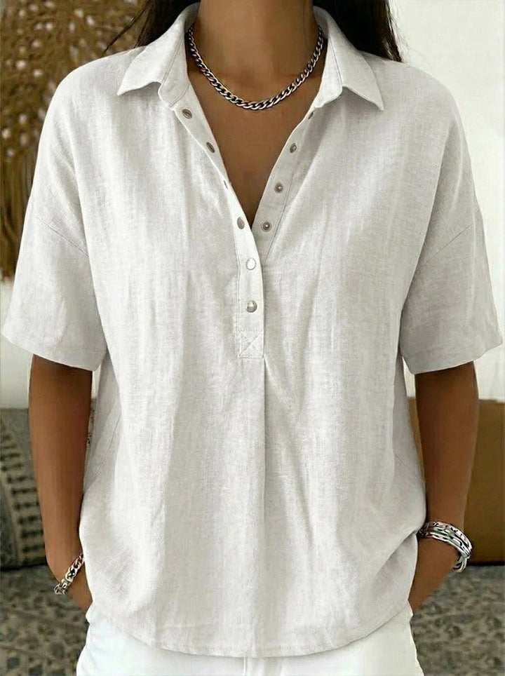 Women's collared blouse with short sleeves and button front in khaki and sky blue