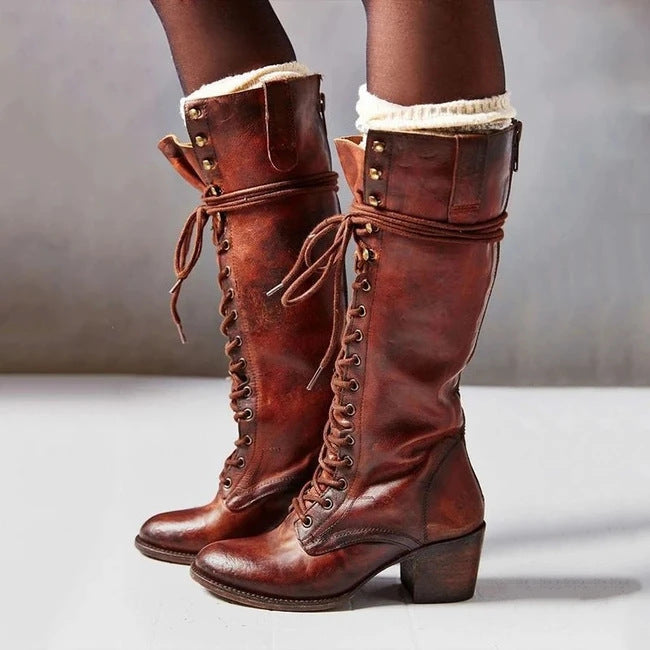 Women's knee-high lace-up boots with block heels and side zips