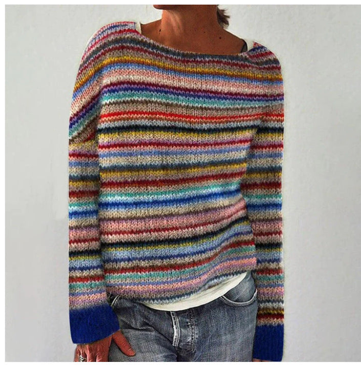 Women's multicolour striped long sleeve sweater with round neckline