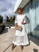 Women's lace puff sleeve midi dress with high neckline